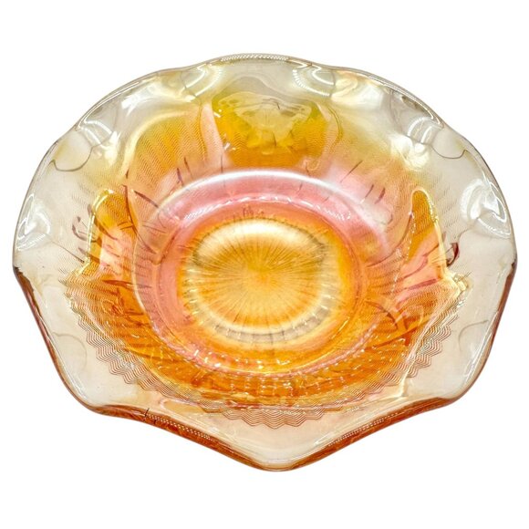 Jeannette Iris & Herringbone Marigold Bowl 5.5 inch Carnival Glass Wavy Edge - Picture 2 of 5